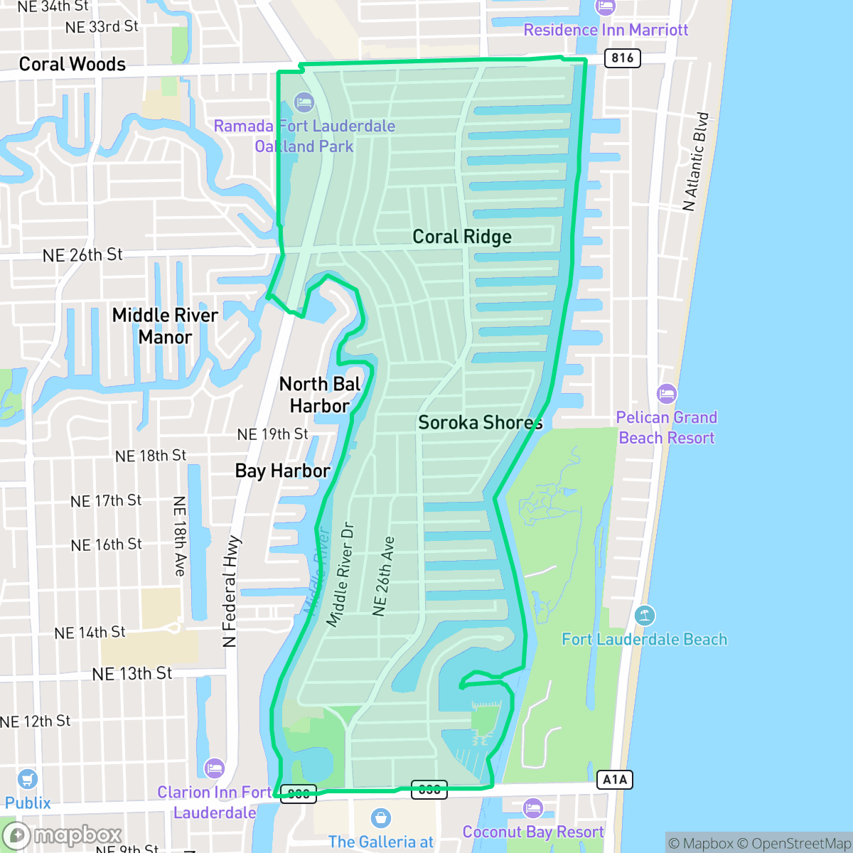 Map showing the location of Coral Ridge, Fort Lauderdale, FL