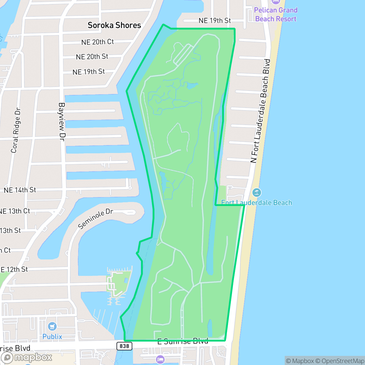Map showing the location of Hugh Taylor Birch State Park, Fort Lauderdale, FL