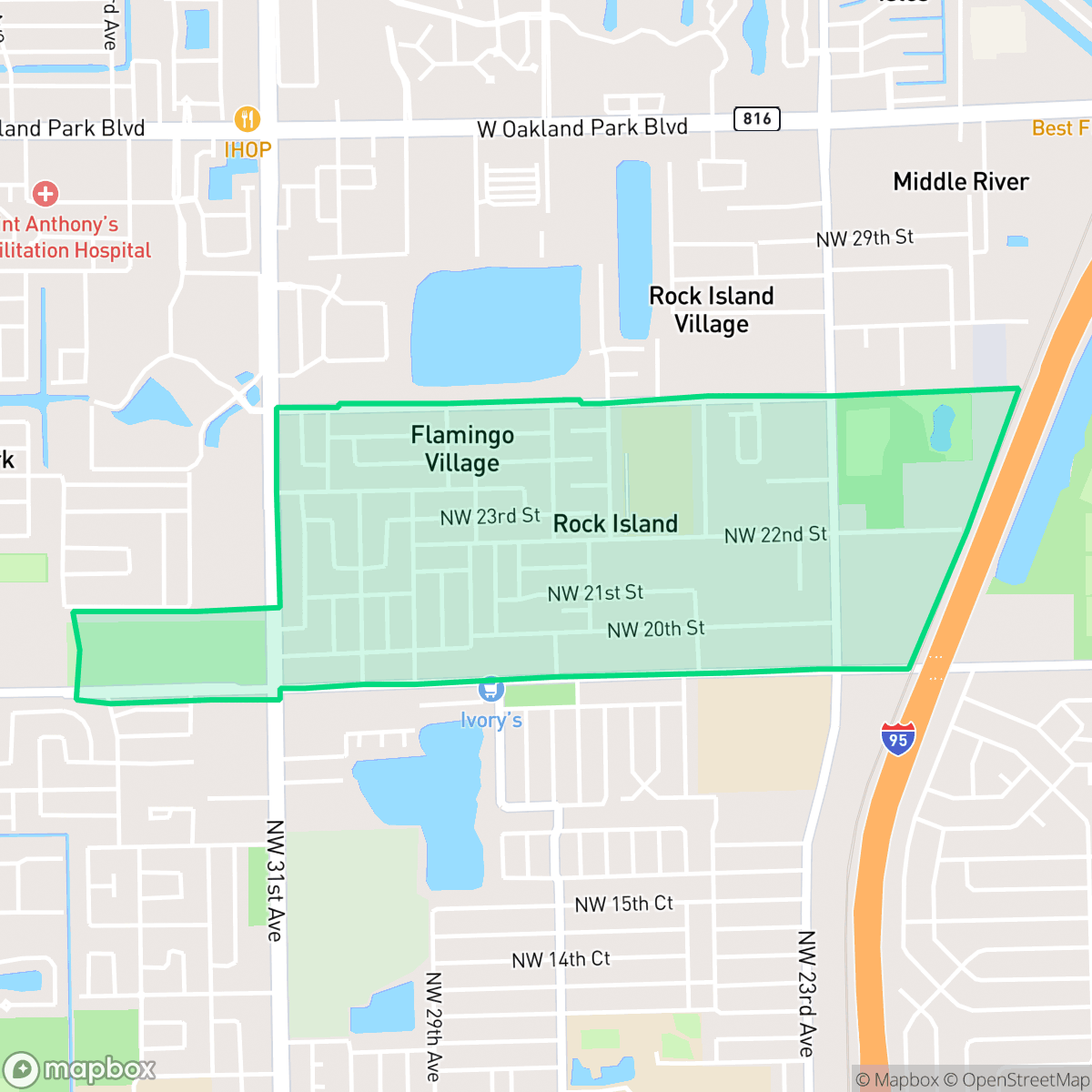 Map showing the location of Rock Island, Fort Lauderdale, FL