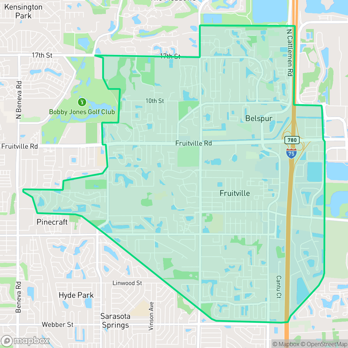 Map showing the location of Fruitville, FL — coverage area