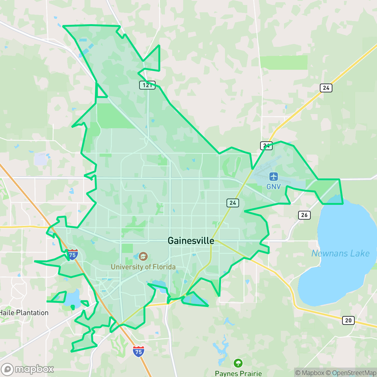 Map showing the location of Gainesville, FL — coverage area
