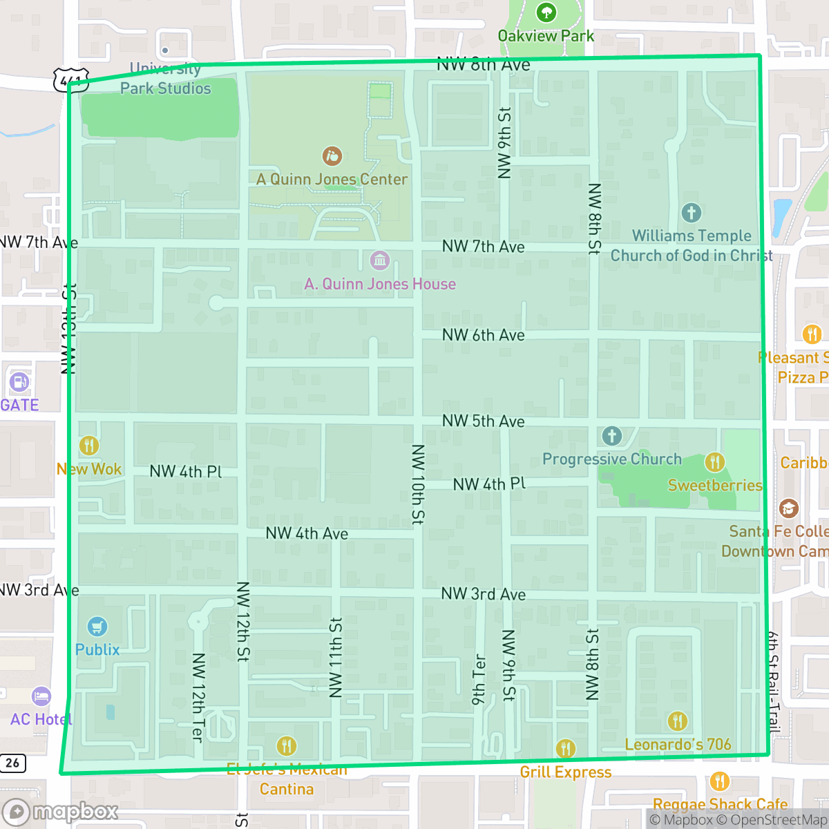 Map showing the location of Fifth Avenue, Gainesville, FL