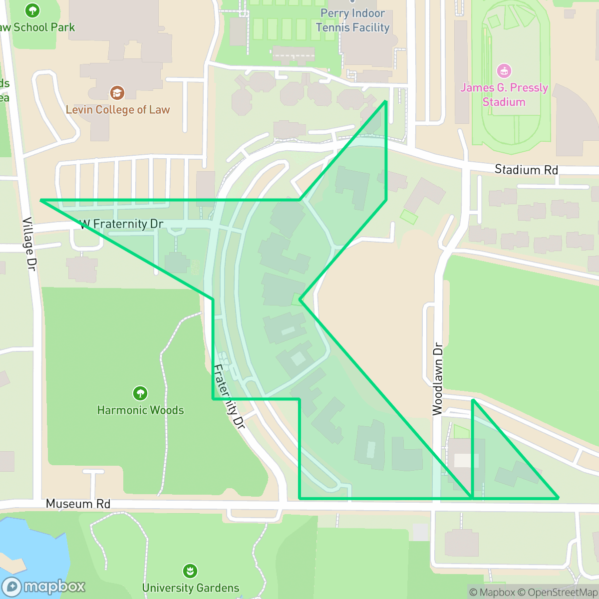 Map showing the location of Fraternity Row, Gainesville, FL