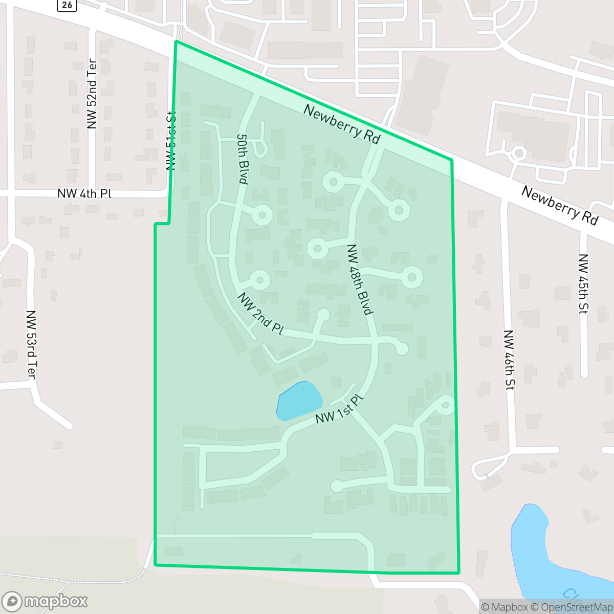 Map showing the location of Mill Pond, Gainesville, FL