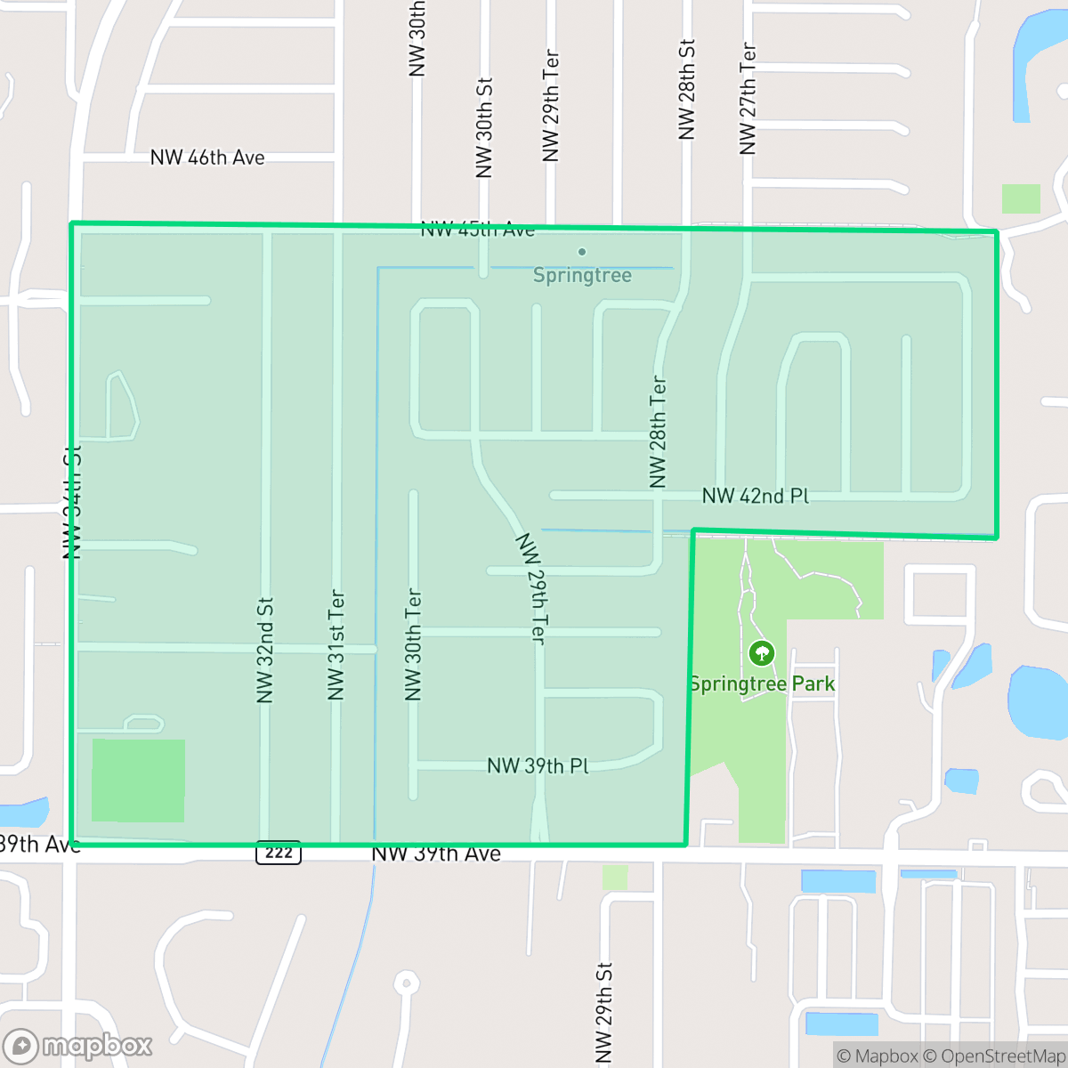 Map showing the location of Spring Tree, Gainesville, FL
