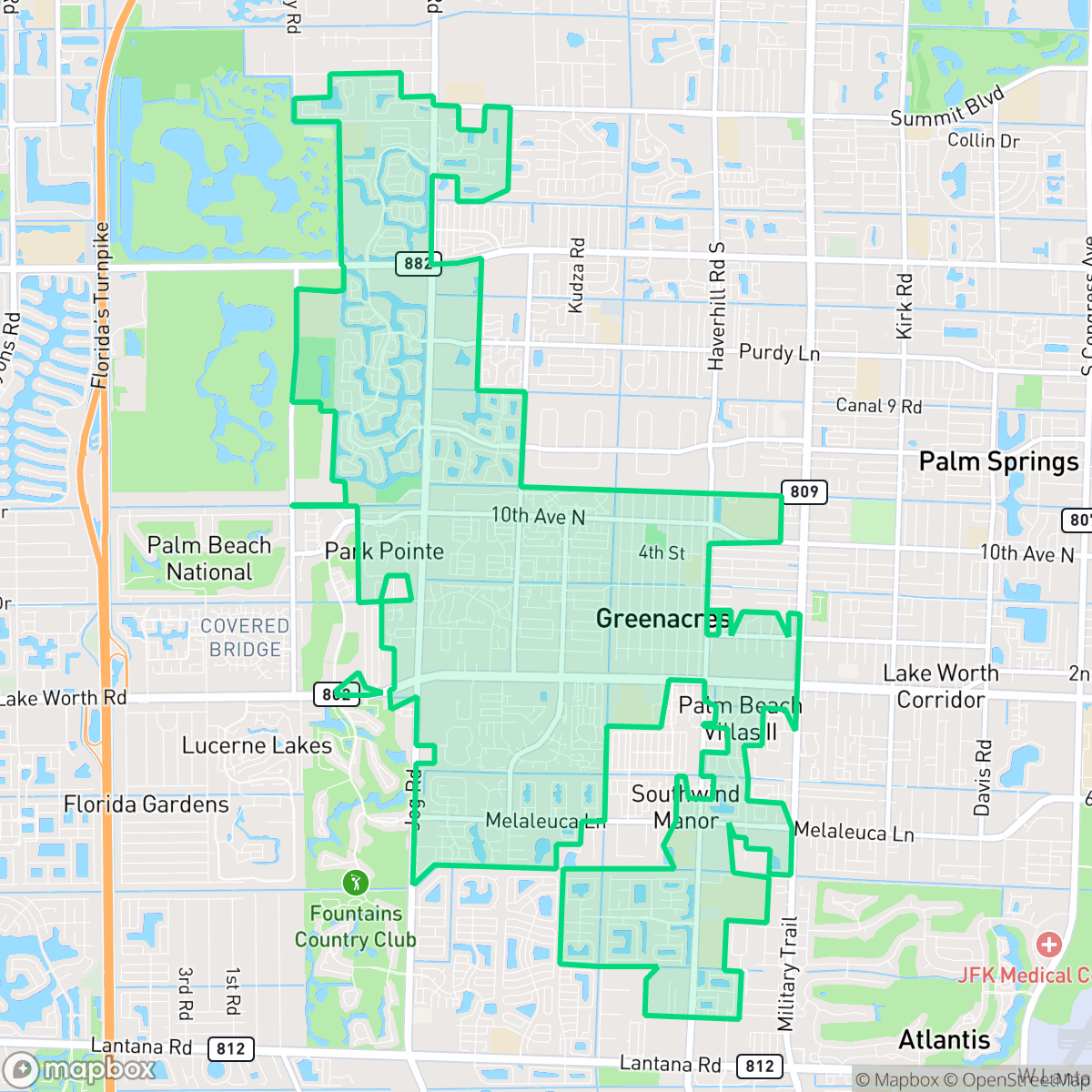 Map showing the location of Greenacres, FL — coverage area