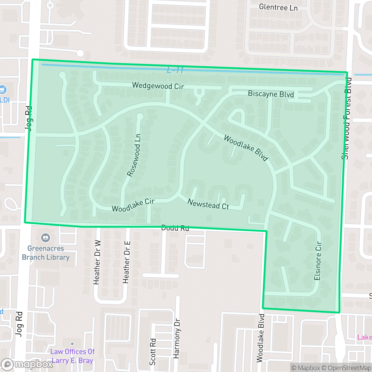 Map showing the location of Woodlake, Greenacres, FL