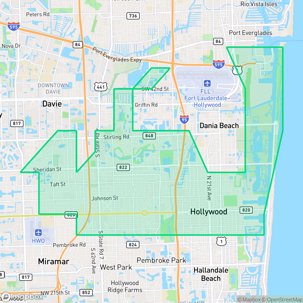 Map showing the location of Hollywood, FL — coverage area