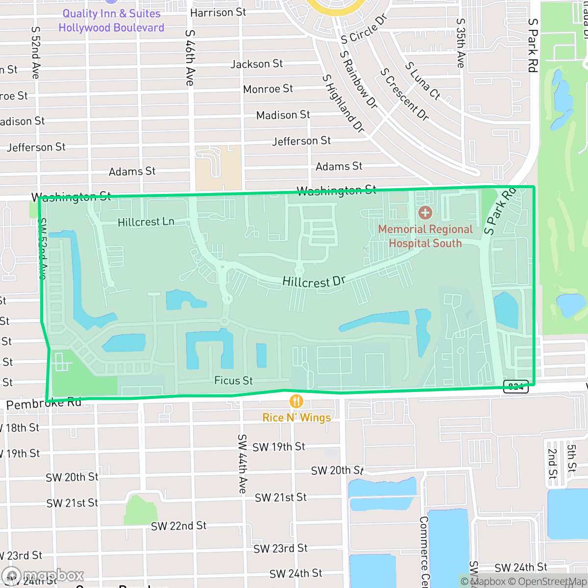 Map showing the location of Hillcrest, Hollywood, FL
