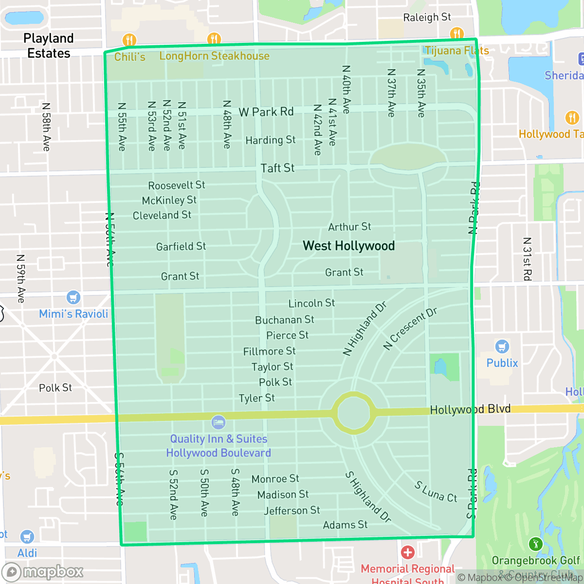 Map showing the location of Hollywood Hills, Hollywood, FL