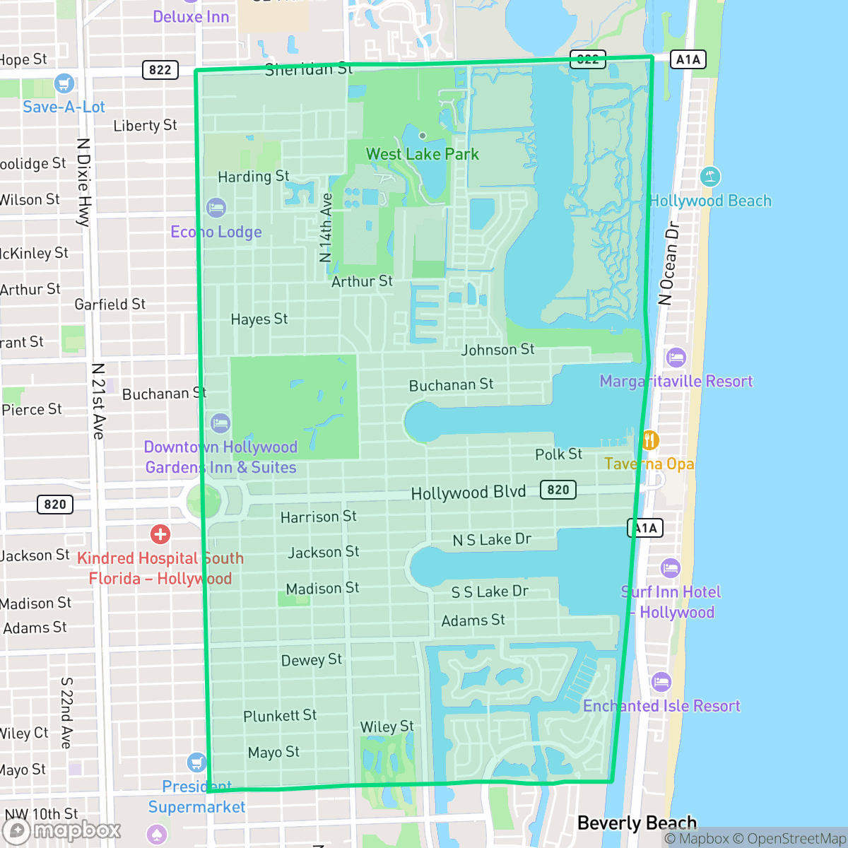 Map showing the location of Hollywood Lakes, Hollywood, FL