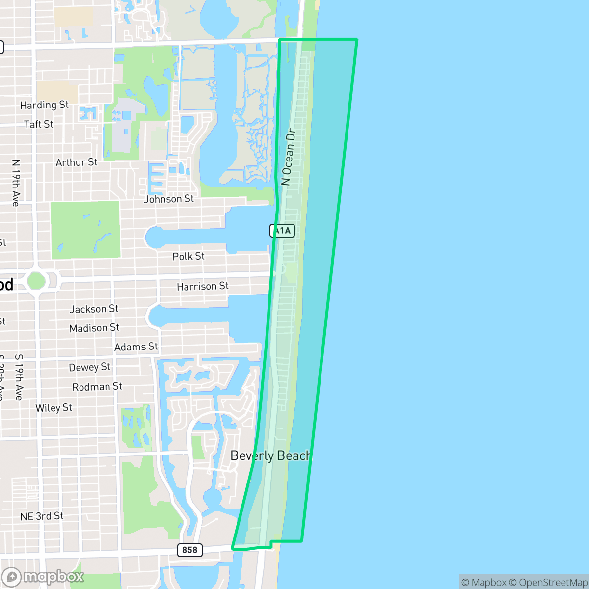 Map showing the location of South Central Beach, Hollywood, FL