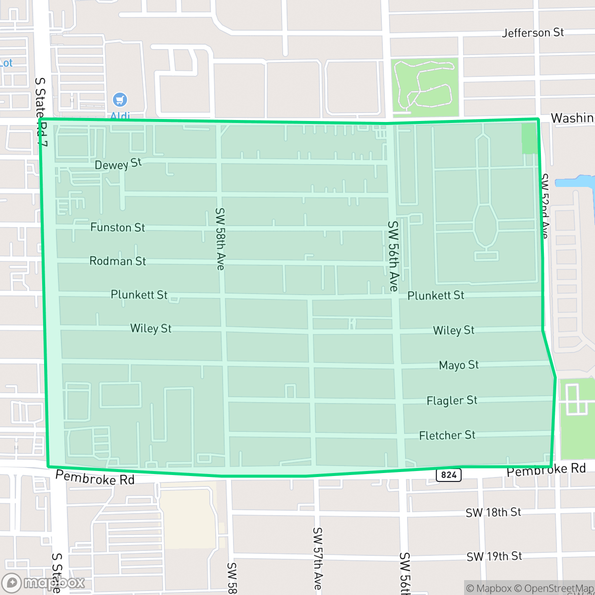 Map showing the location of Washington Park, Hollywood, FL