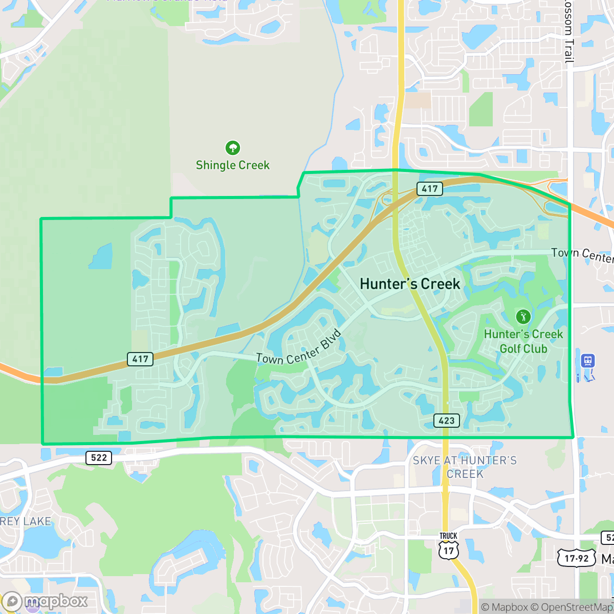 Map showing the location of Hunters Creek, FL — coverage area
