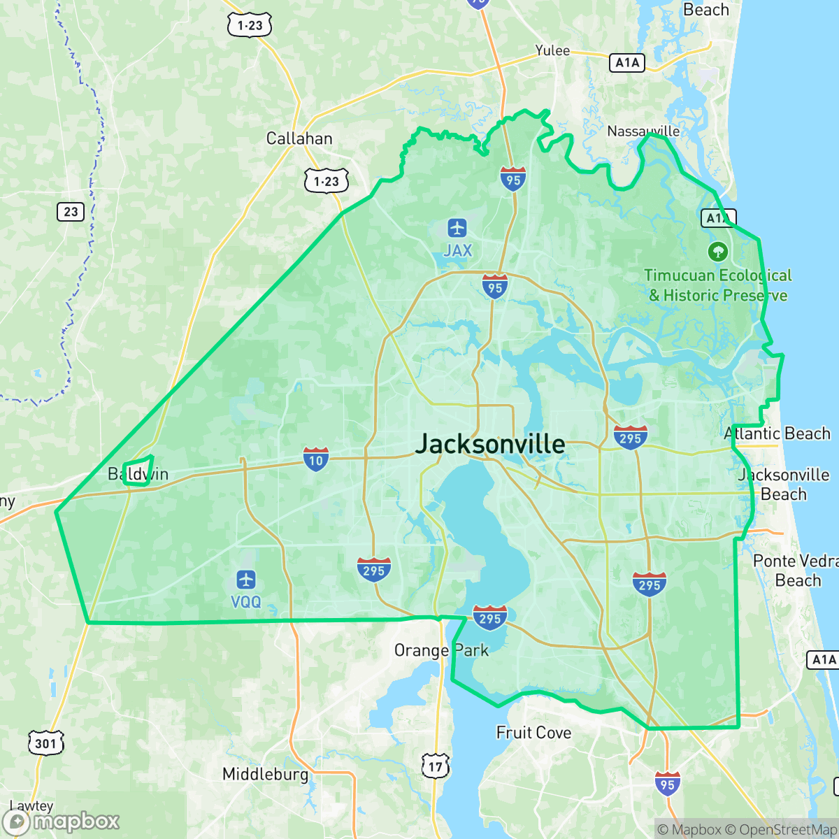 Map showing the location of Jacksonville, FL — coverage area