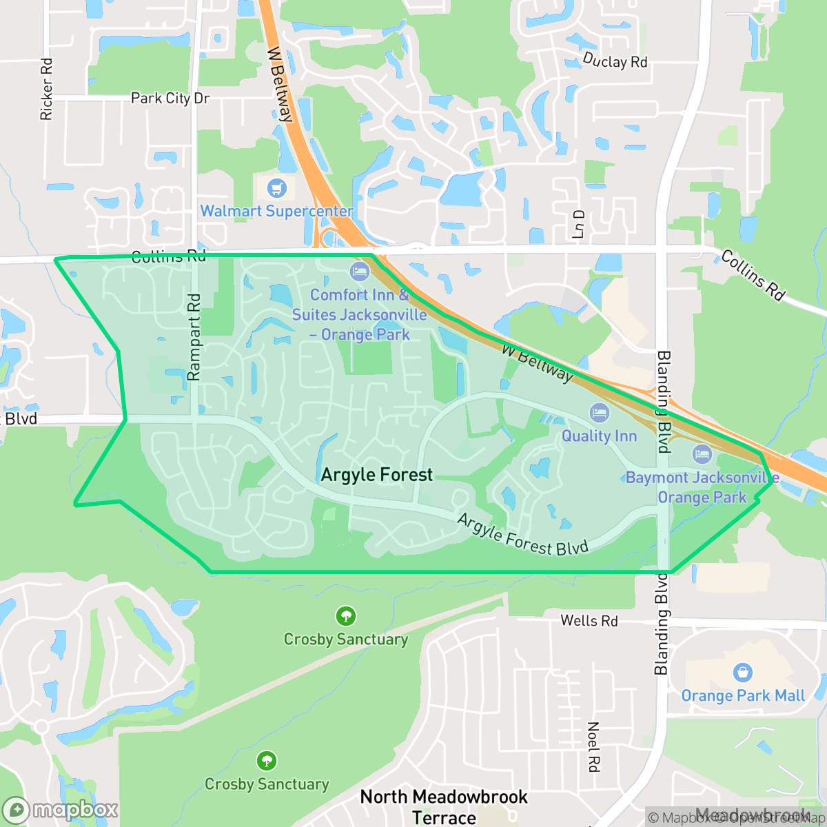 Map showing the location of Argyle Forest, Jacksonville, FL