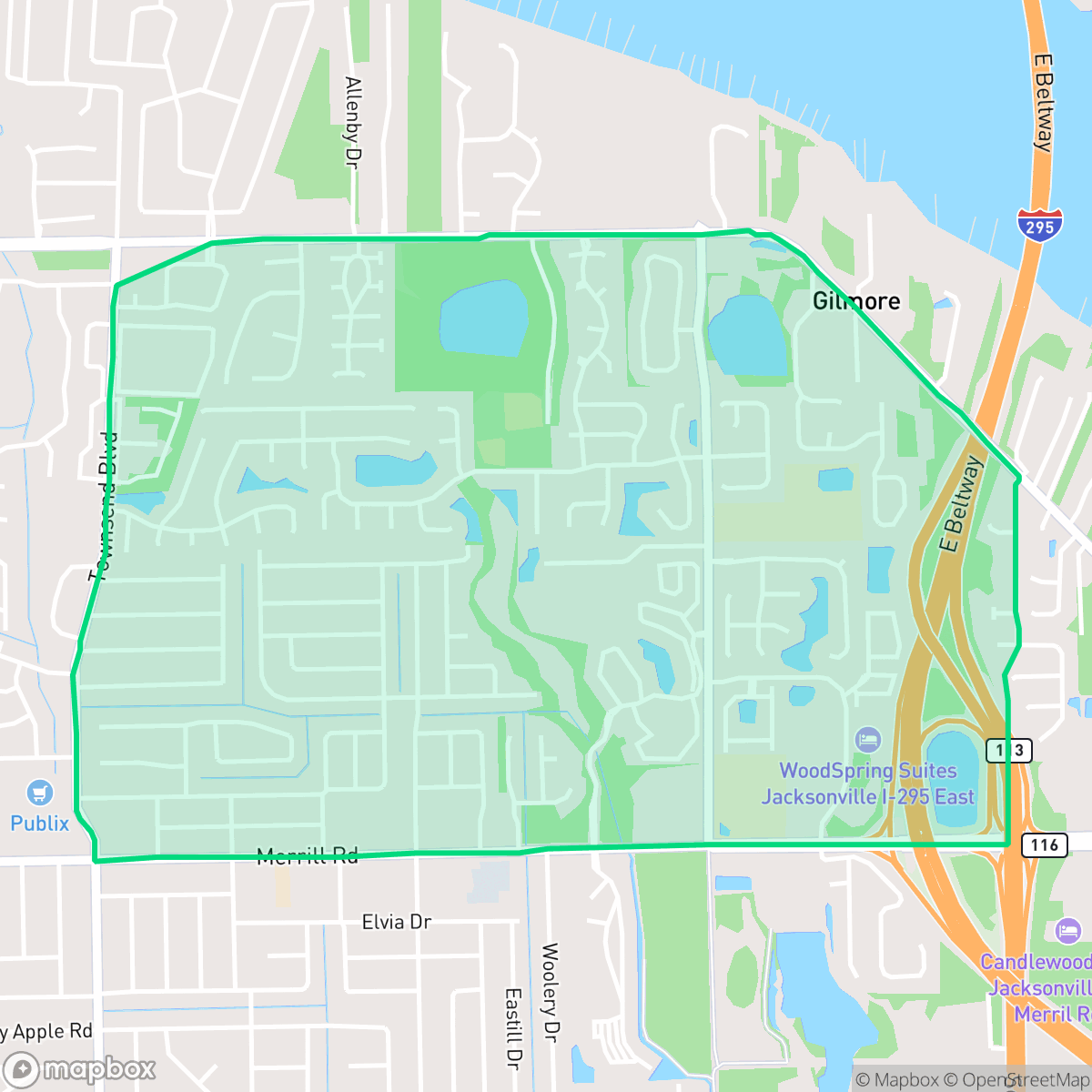 Map showing the location of Arlington Hills, Jacksonville, FL