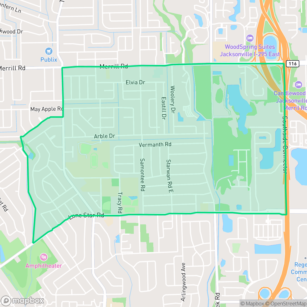 Map showing the location of Arlingwood, Jacksonville, FL