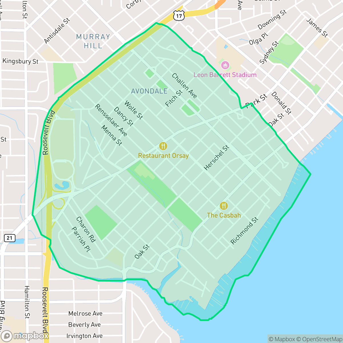 Map showing the location of Avondale, Jacksonville, FL