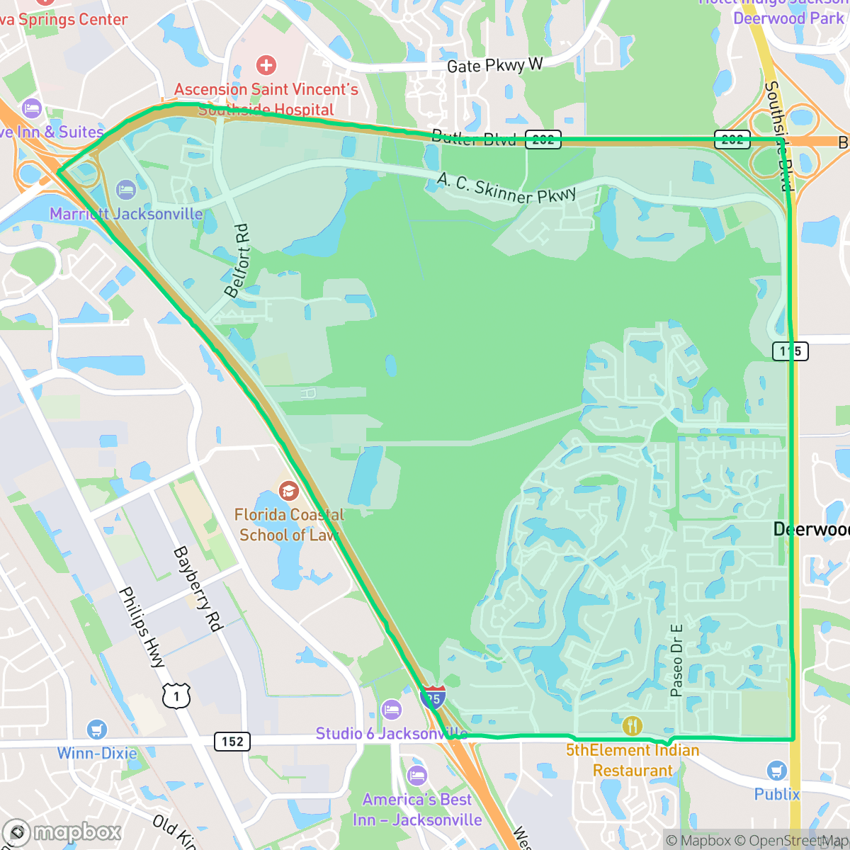 Map showing the location of Baymeadows, Jacksonville, FL