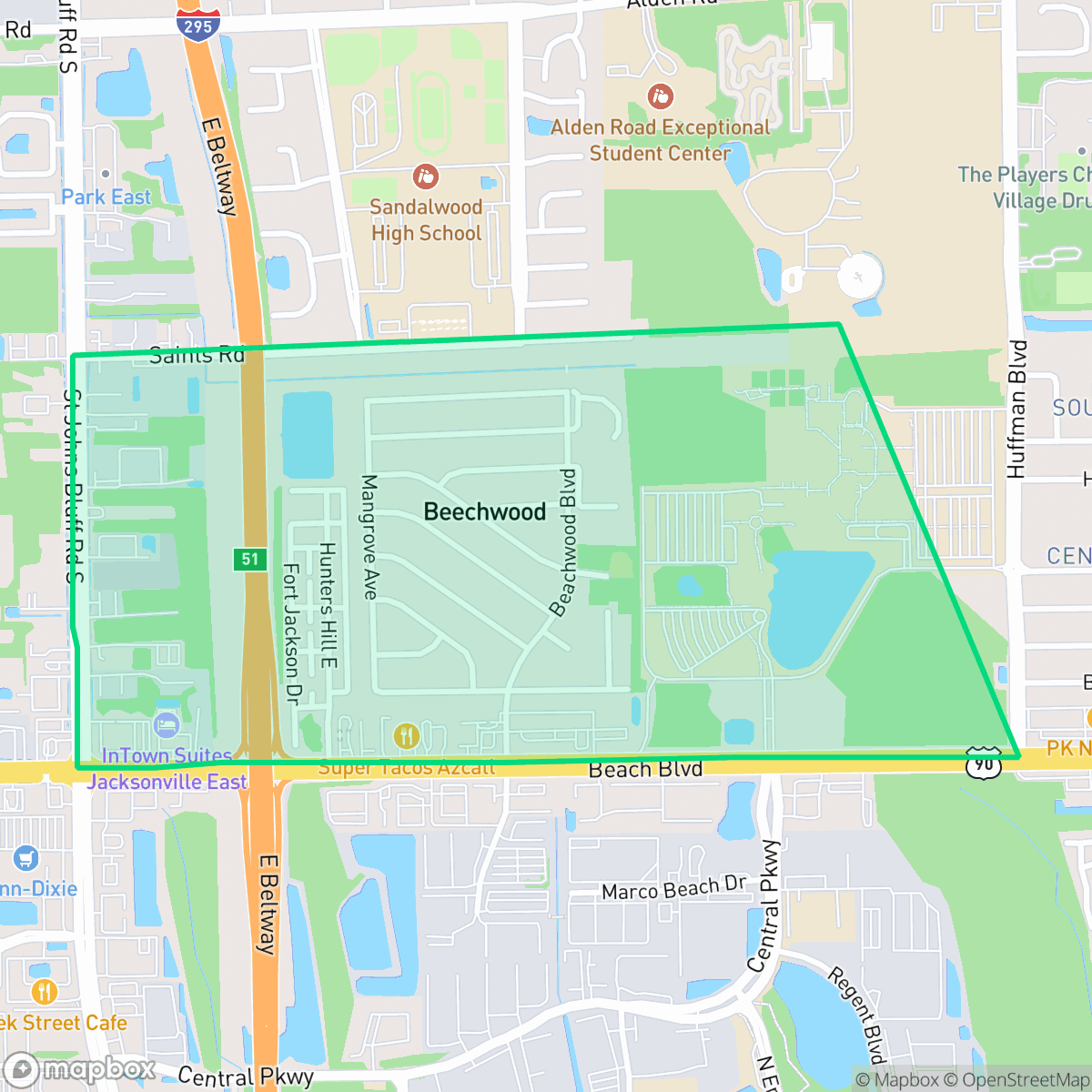 Map showing the location of Beachwood, Jacksonville, FL