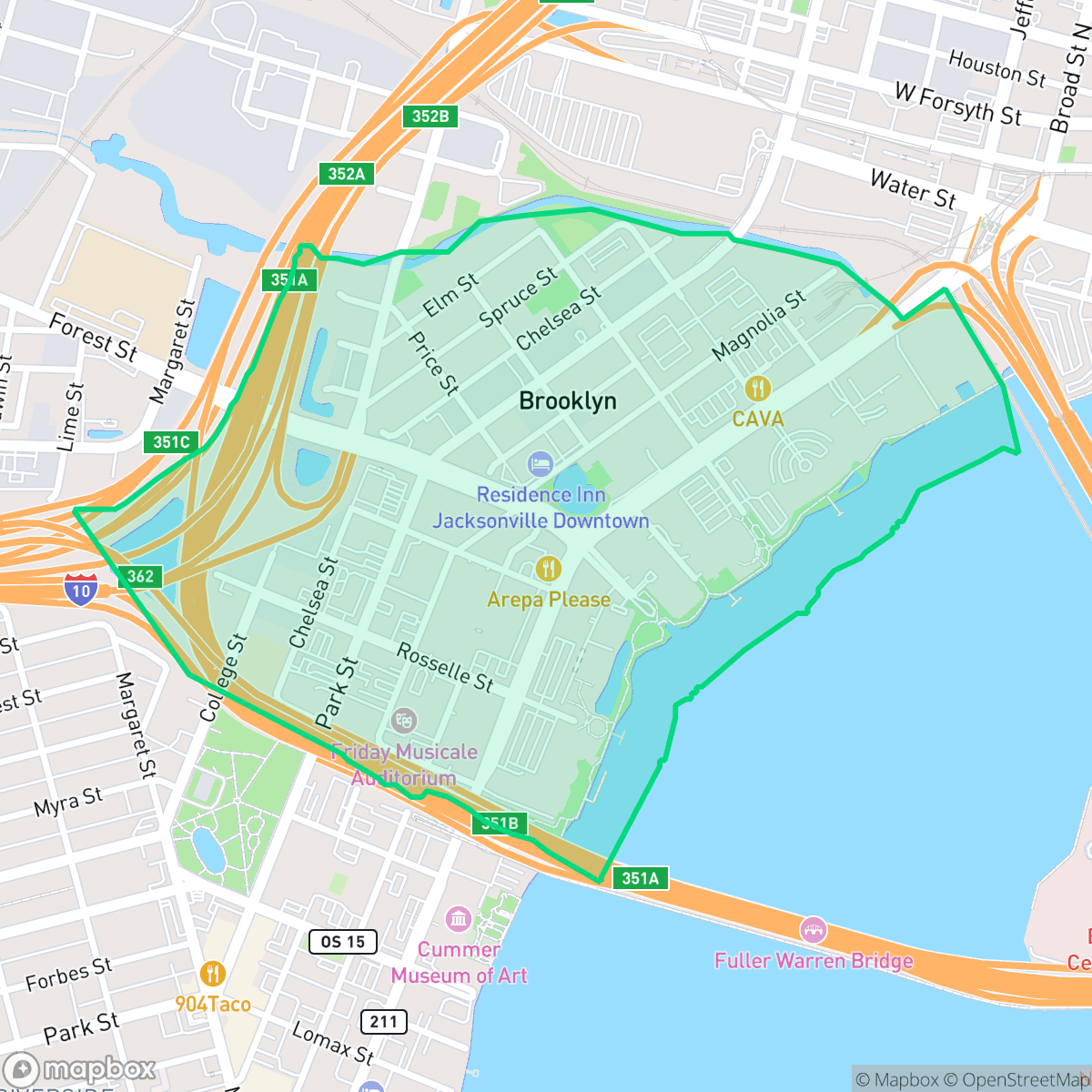 Map showing the location of Brooklyn, Jacksonville, FL