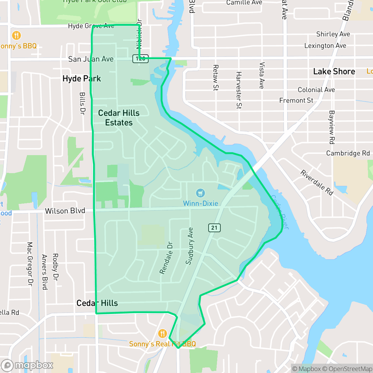 Map showing the location of Cedar Hills Estate, Jacksonville, FL