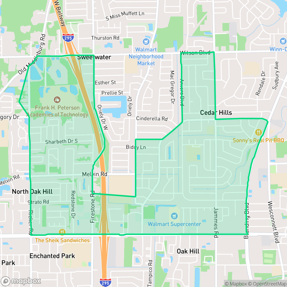 Map showing the location of Cedar Hills, Jacksonville, FL