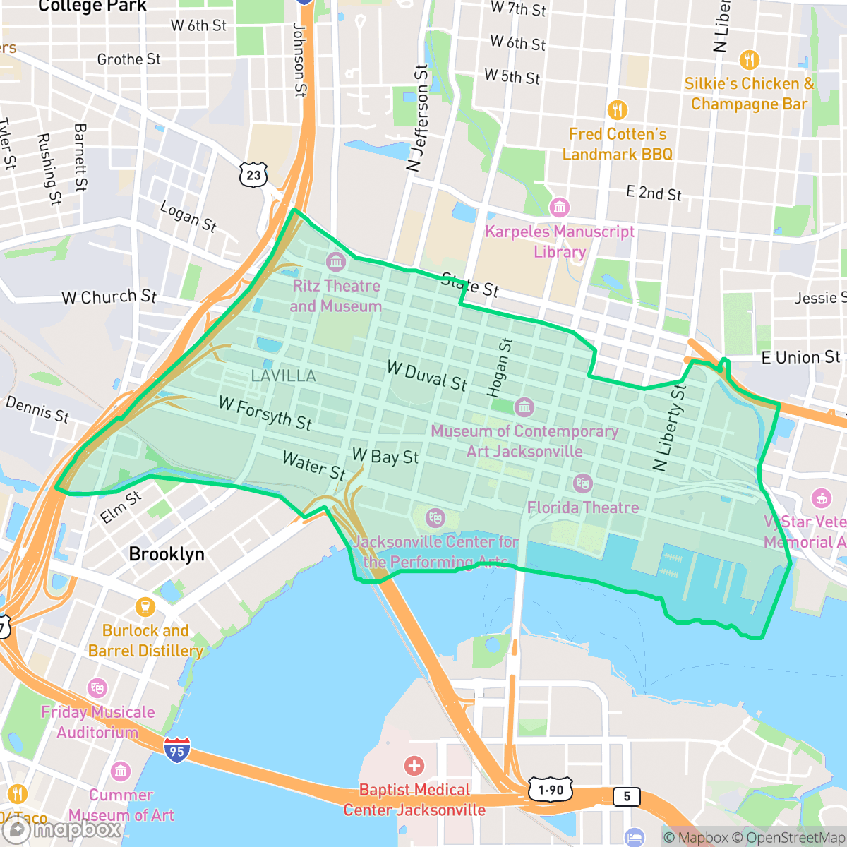 Map showing the location of Downtown Jacksonville, Jacksonville, FL