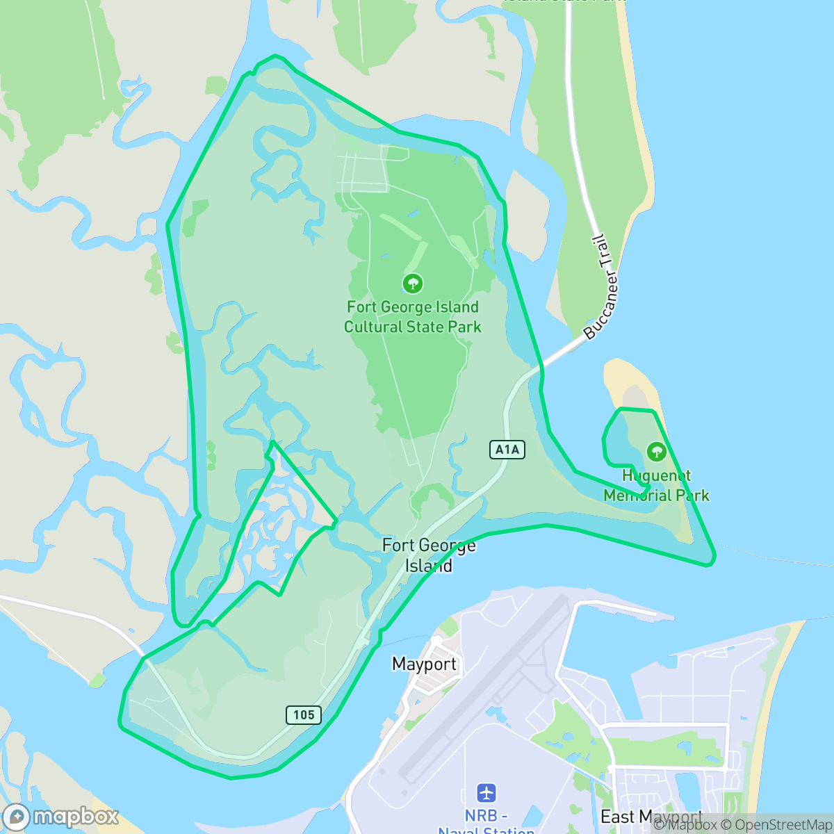 Map showing the location of Fort George Island, Jacksonville, FL