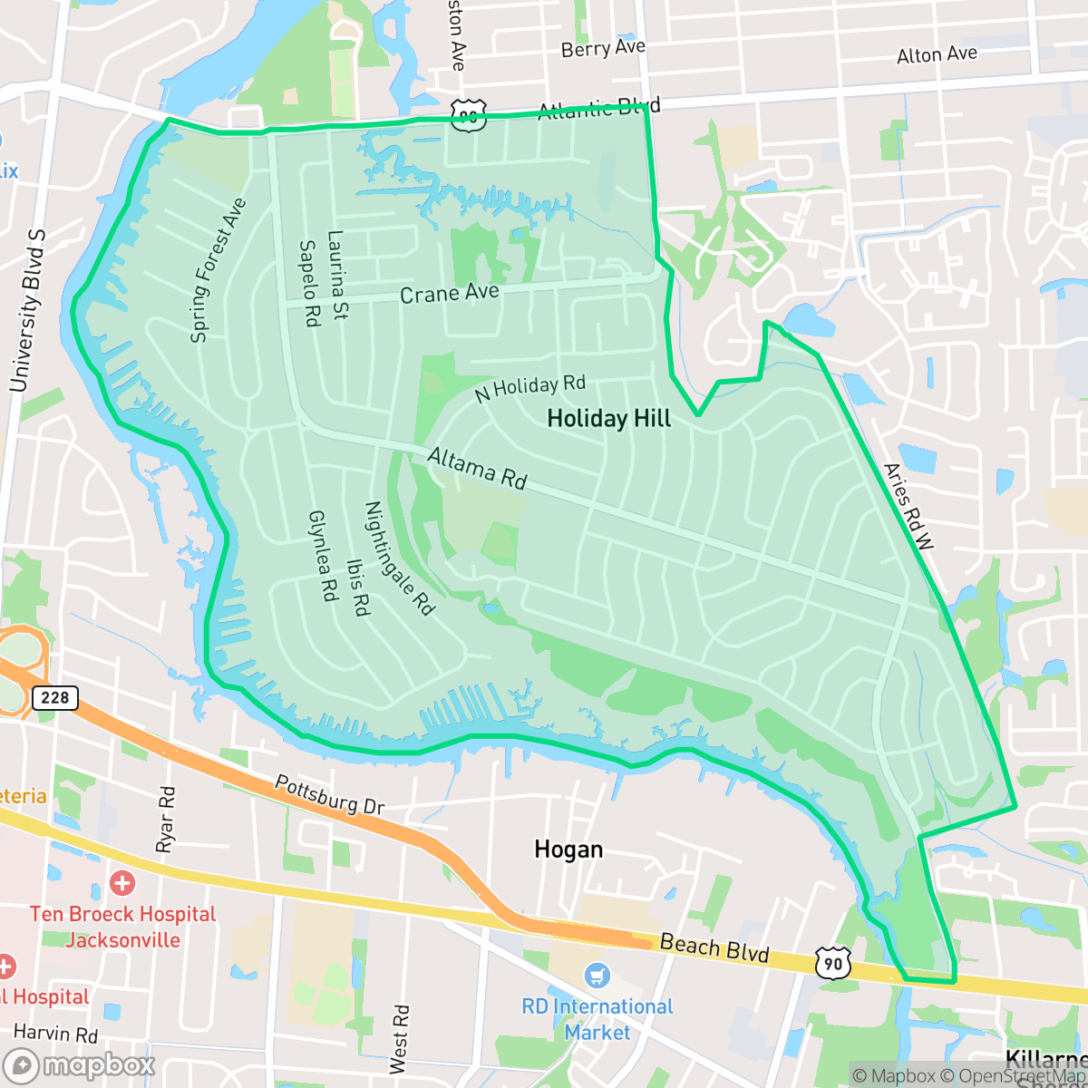Map showing the location of Glynlea - Grove Park, Jacksonville, FL