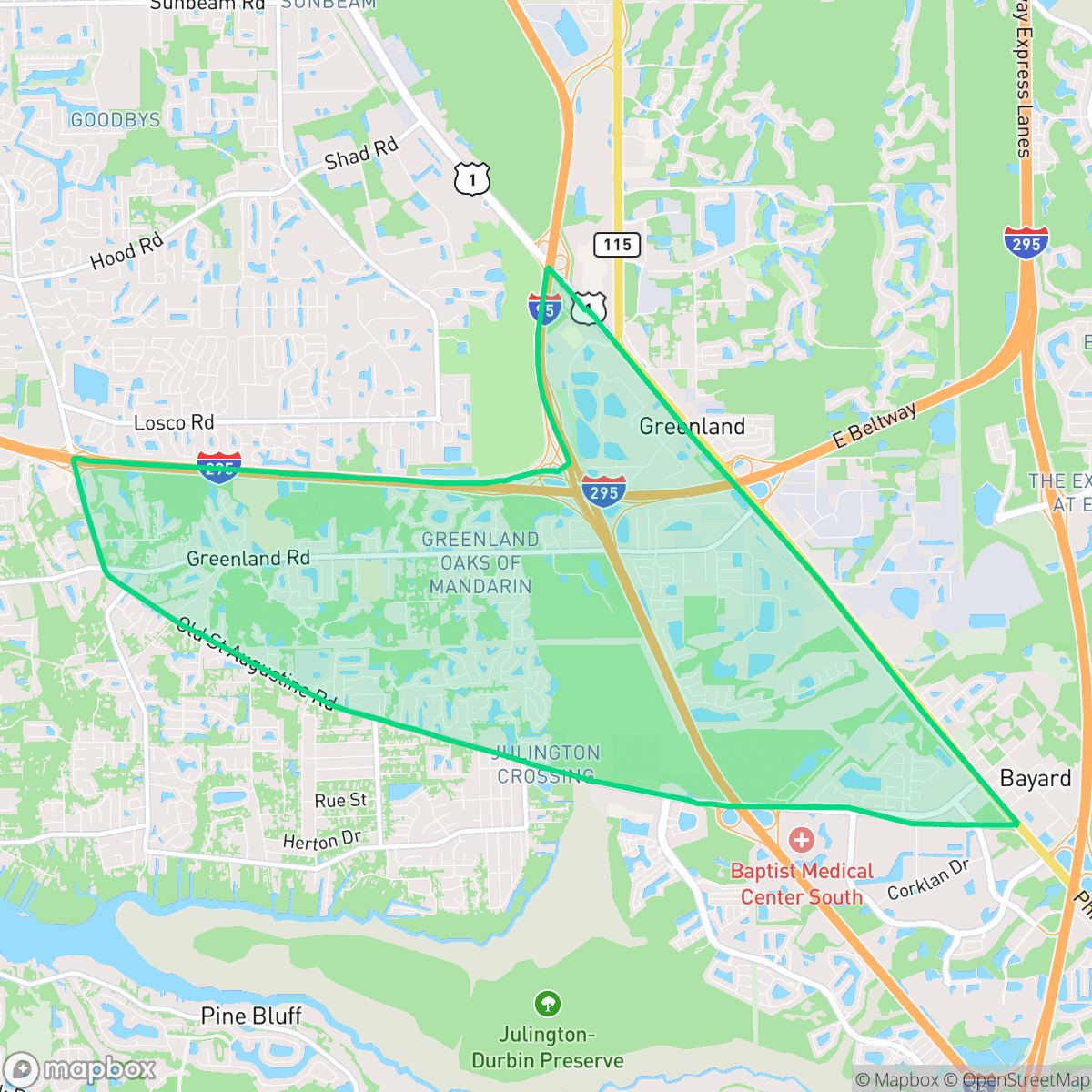Map showing the location of Greenland, Jacksonville, FL