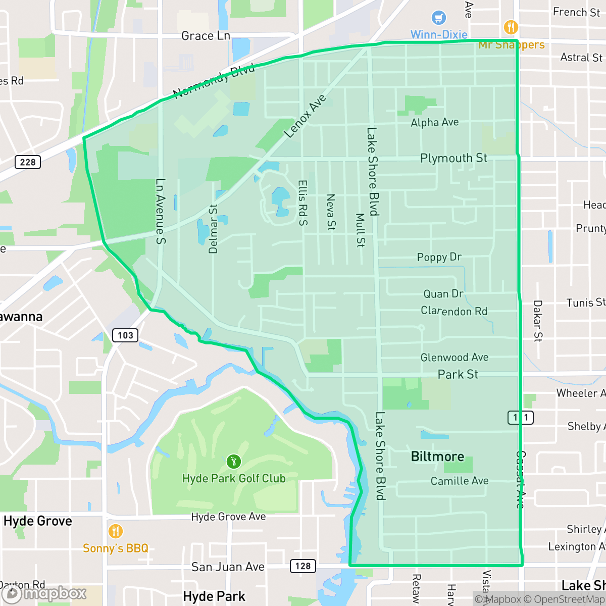 Map showing the location of Hillcrest, Jacksonville, FL