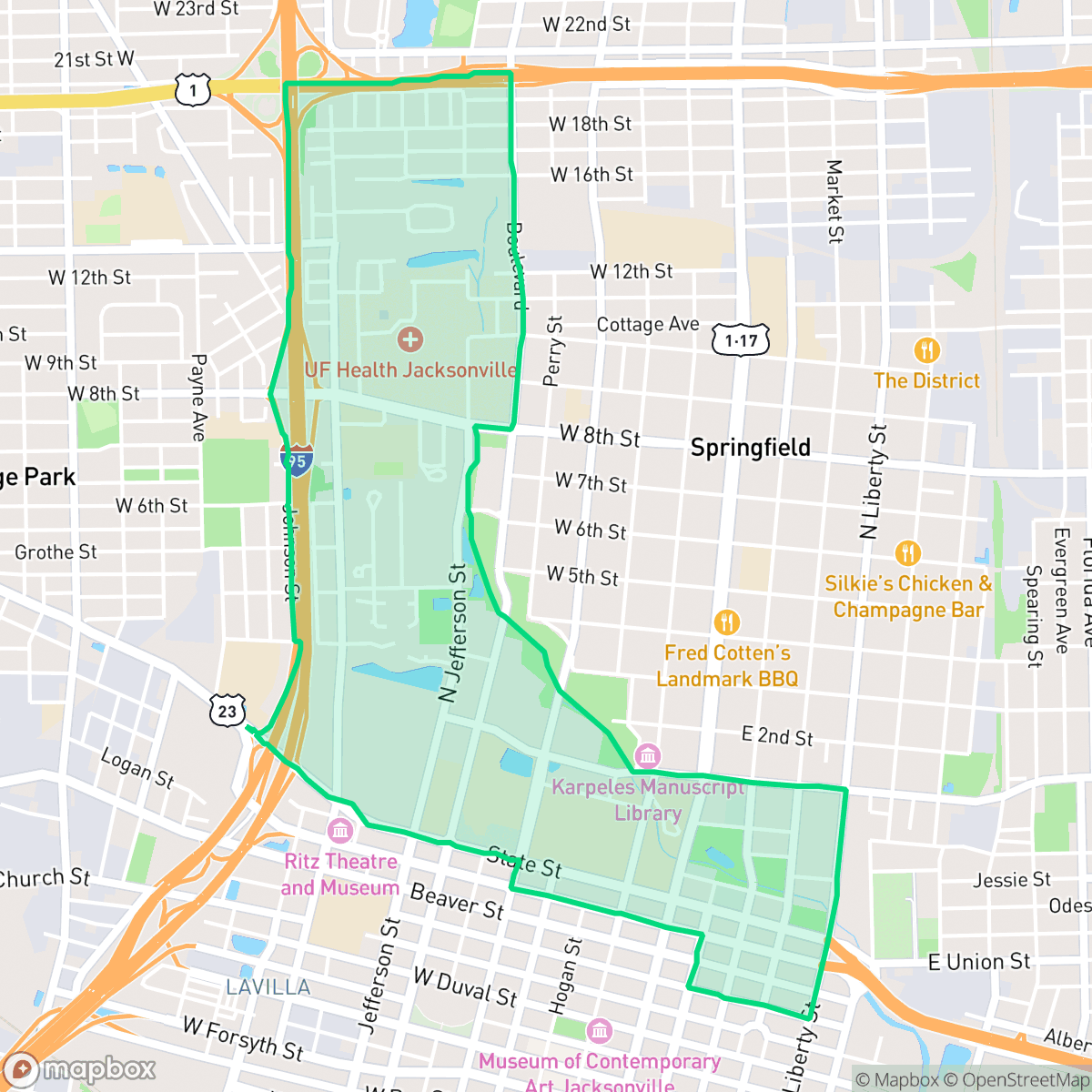 Map showing the location of Hogan's Creek, Jacksonville, FL