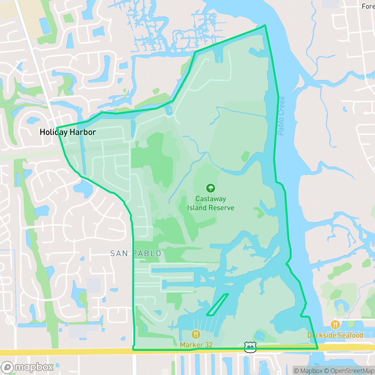Map showing the location of Holiday Harbors, Jacksonville, FL