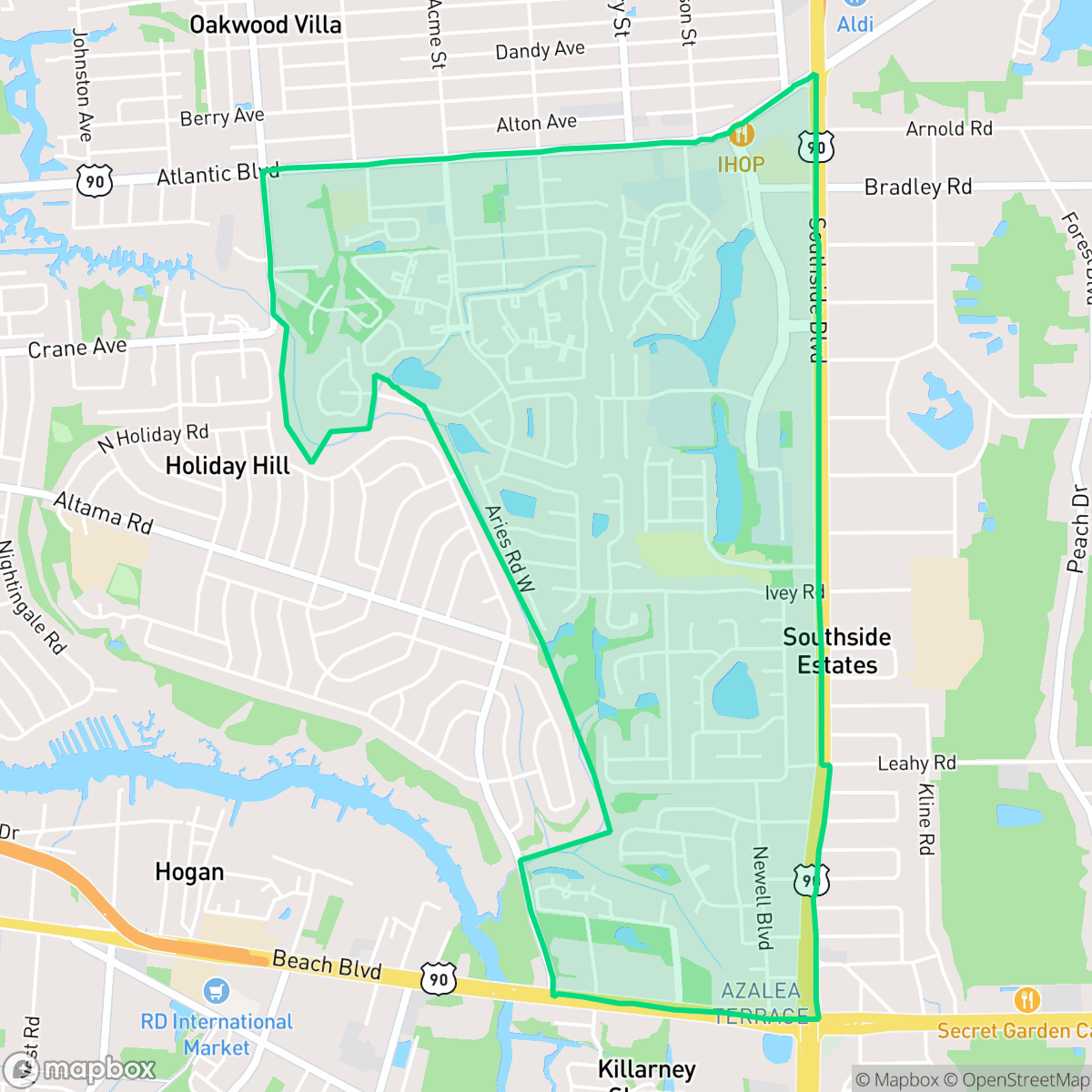 Map showing the location of Holiday Hill, Jacksonville, FL