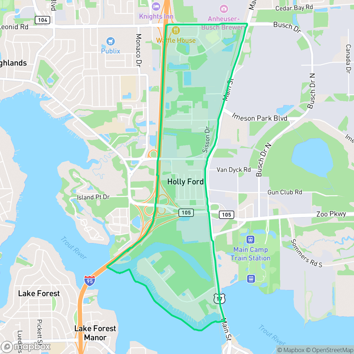 Map showing the location of Hollyford, Jacksonville, FL