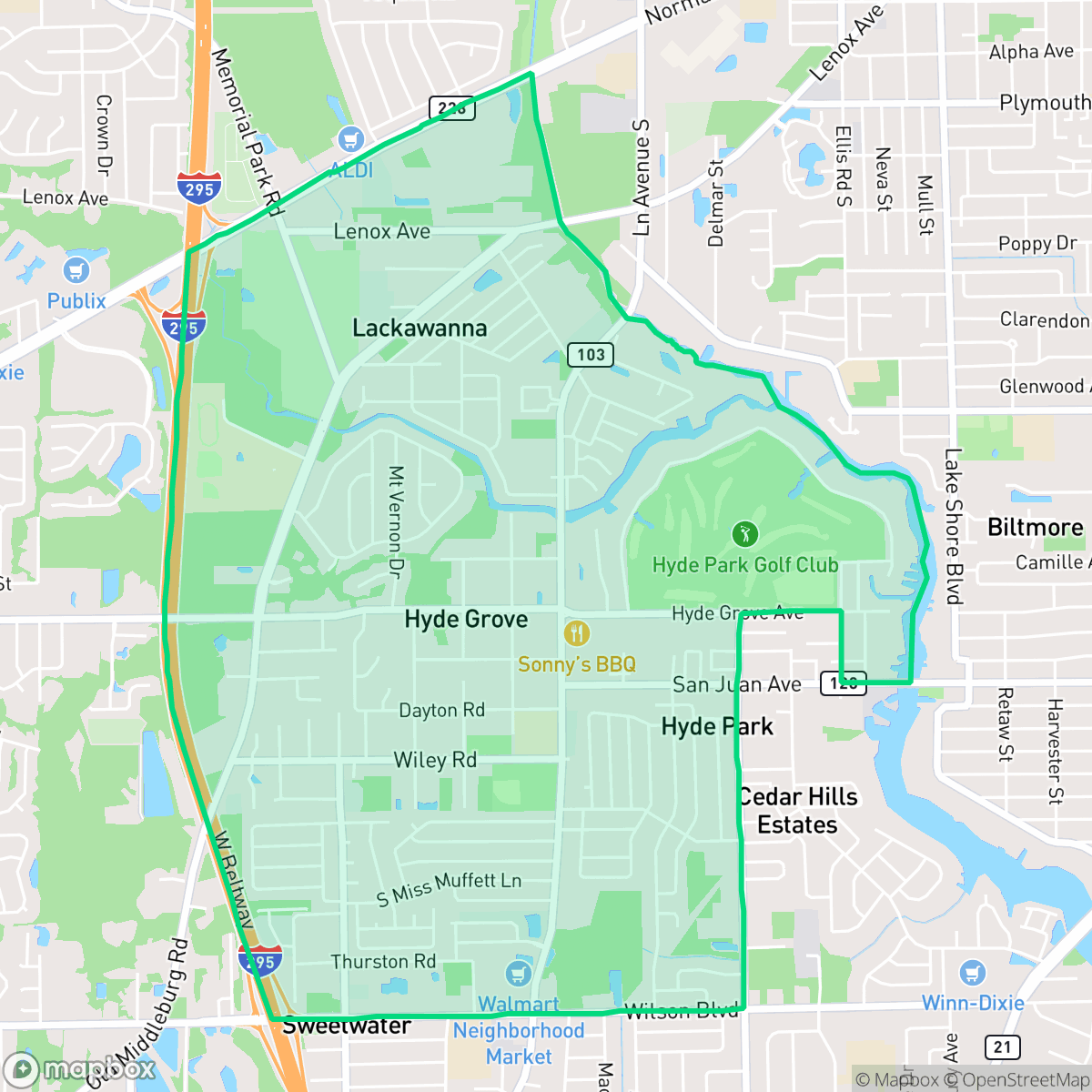Map showing the location of Hyde Park, Jacksonville, FL