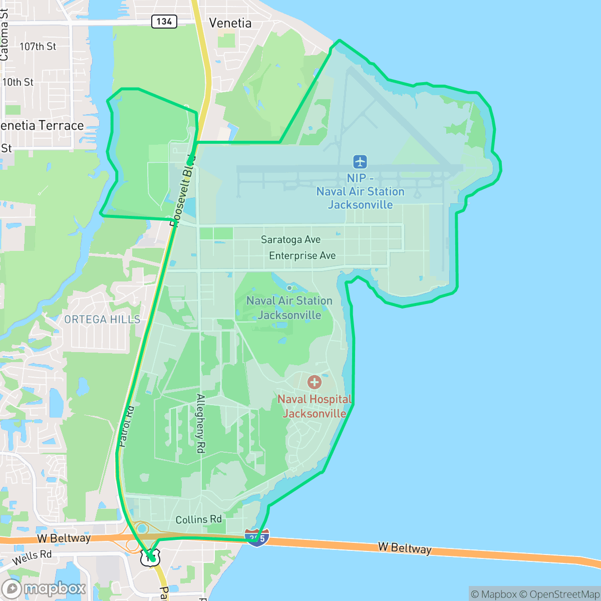 Map showing the location of Jacksonville Naval Air Station, Jacksonville, FL