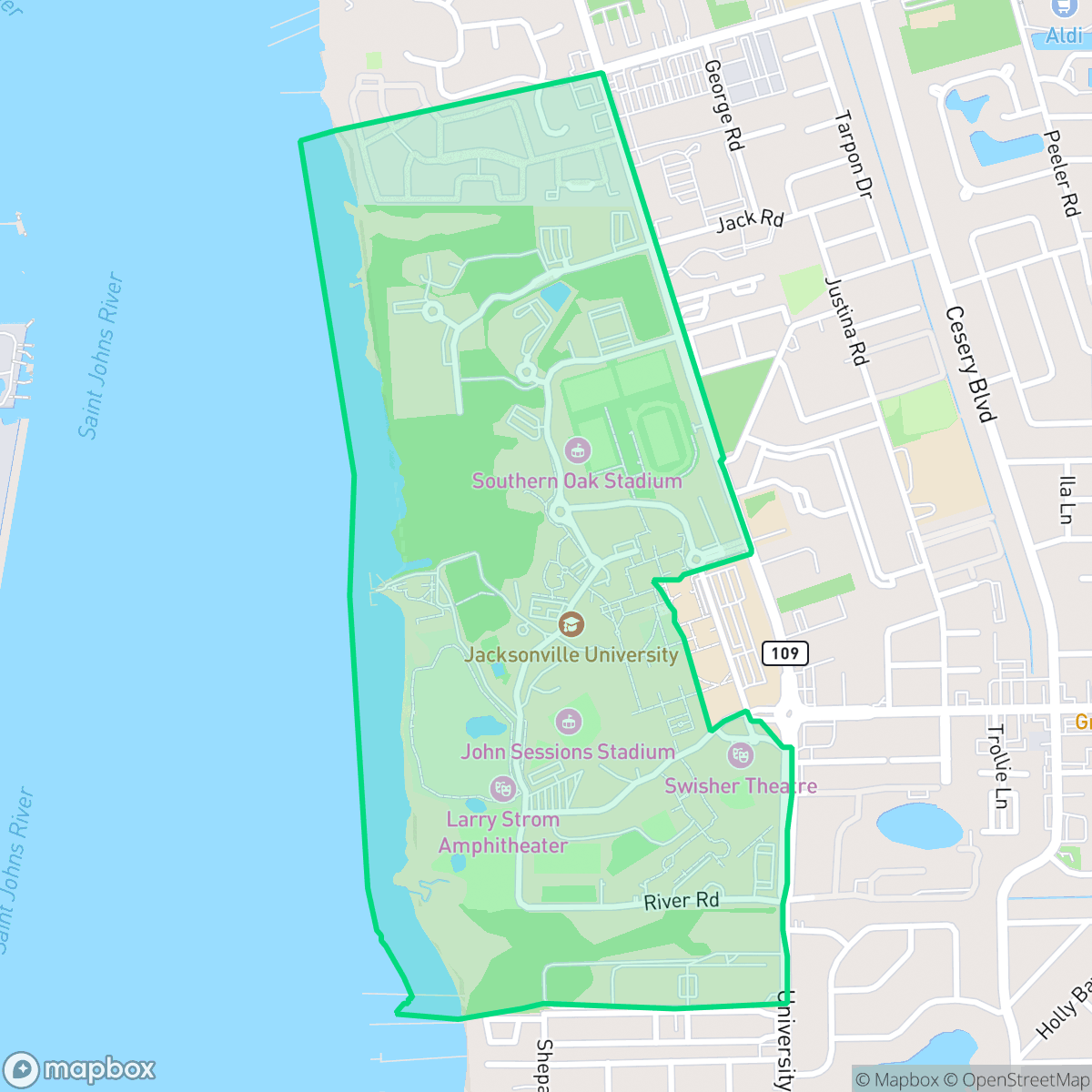 Map showing the location of Jacksonville University, Jacksonville, FL