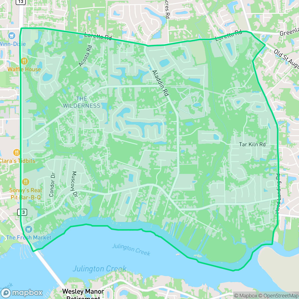 Map showing the location of Julington Creek, Jacksonville, FL