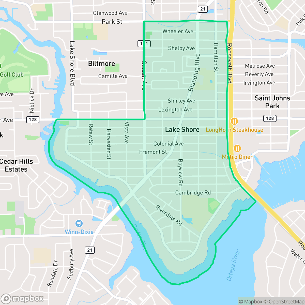Map showing the location of Lakeshore, Jacksonville, FL