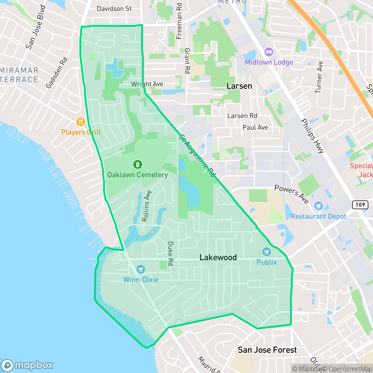 Map showing the location of Lakewood, Jacksonville, FL