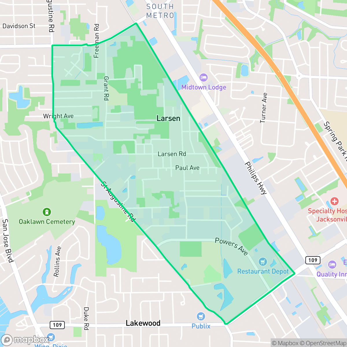 Map showing the location of Larsen, Jacksonville, FL