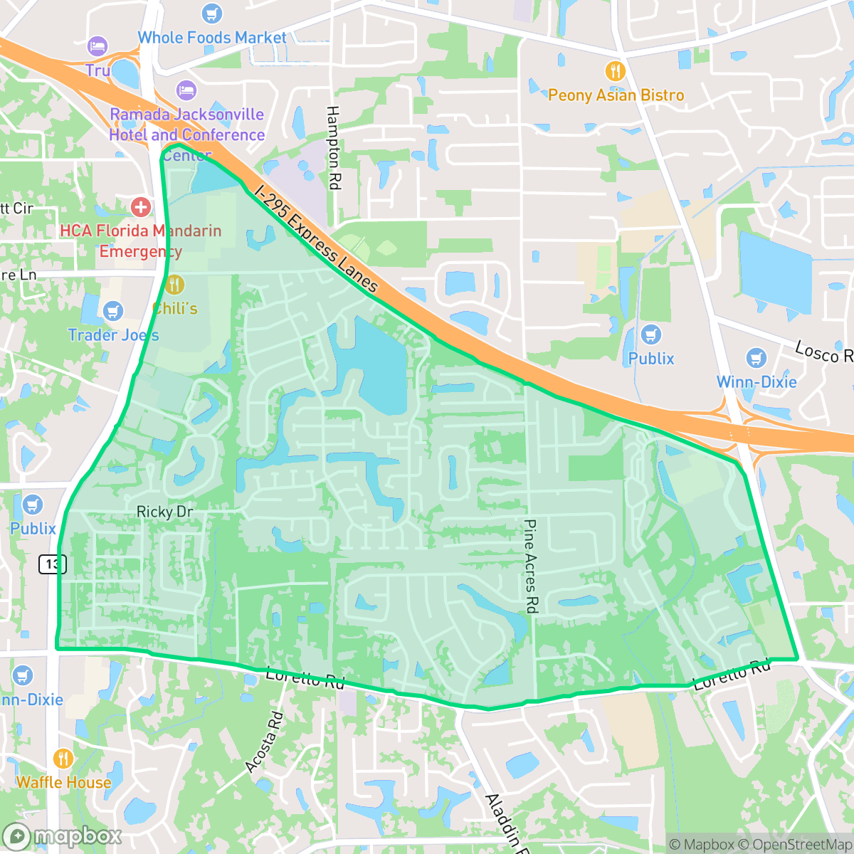 Map showing the location of Loretto, Jacksonville, FL