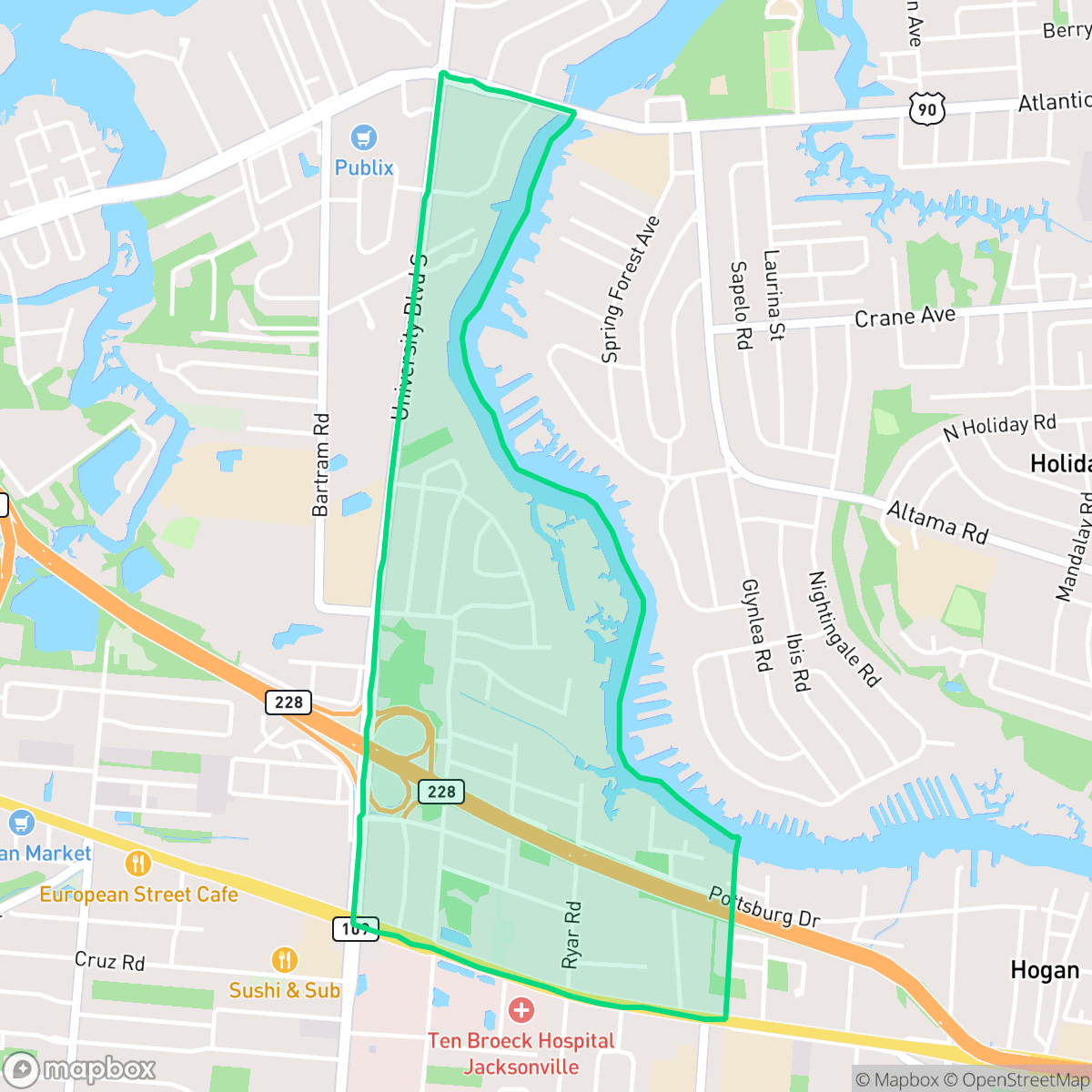 Map showing the location of Love Grove - Riviera Manor, Jacksonville, FL