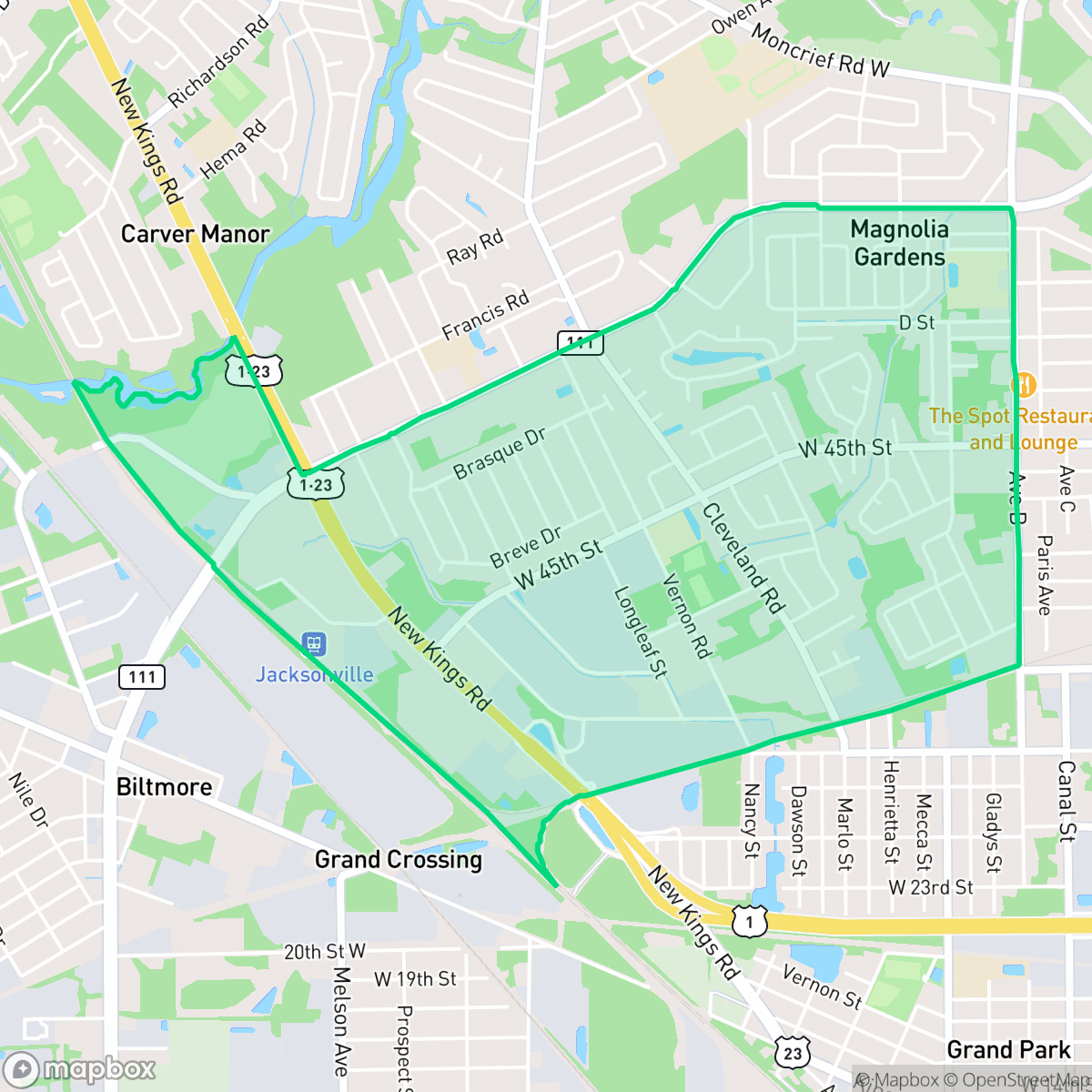 Map showing the location of Magnolia Gardens, Jacksonville, FL