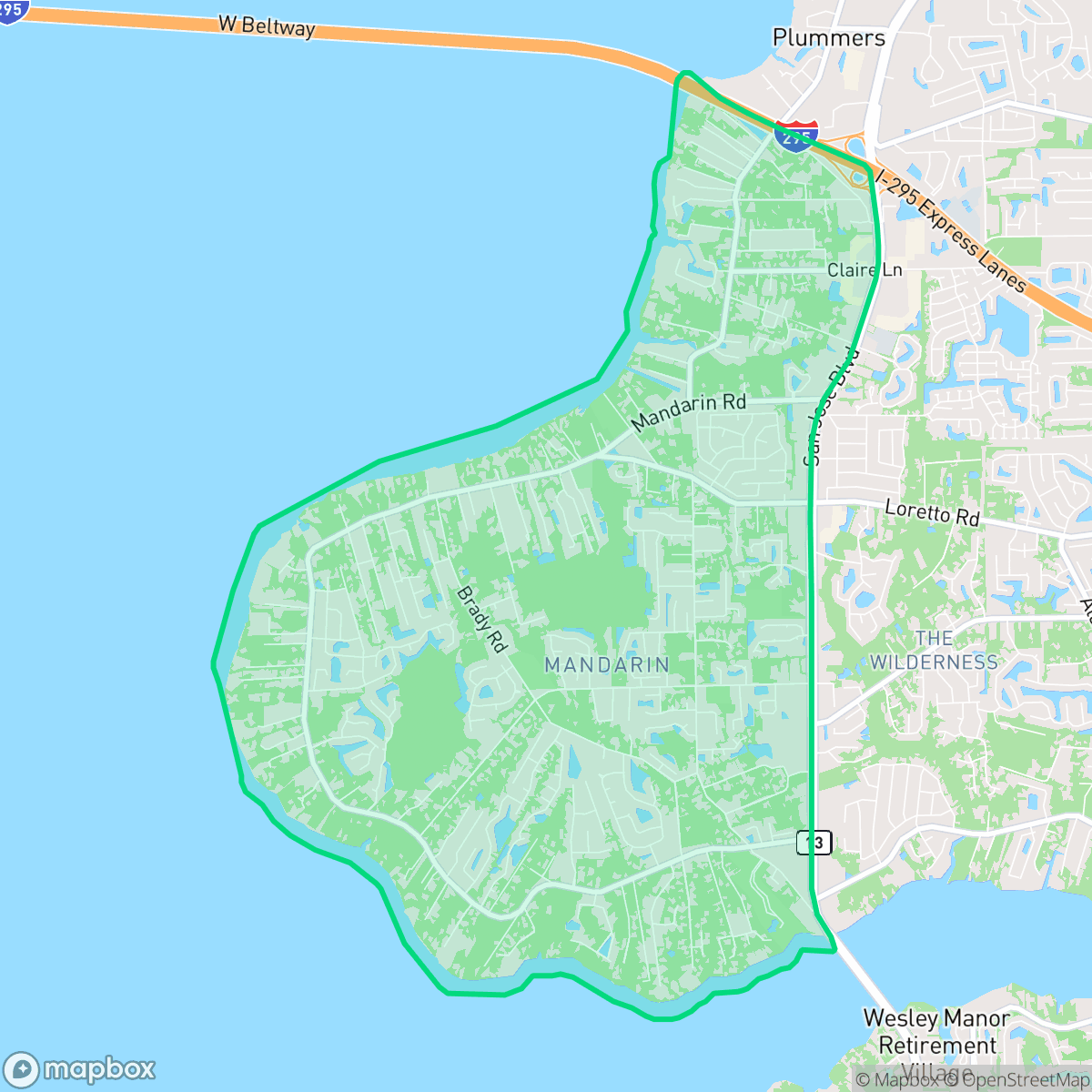 Map showing the location of Mandarin, Jacksonville, FL