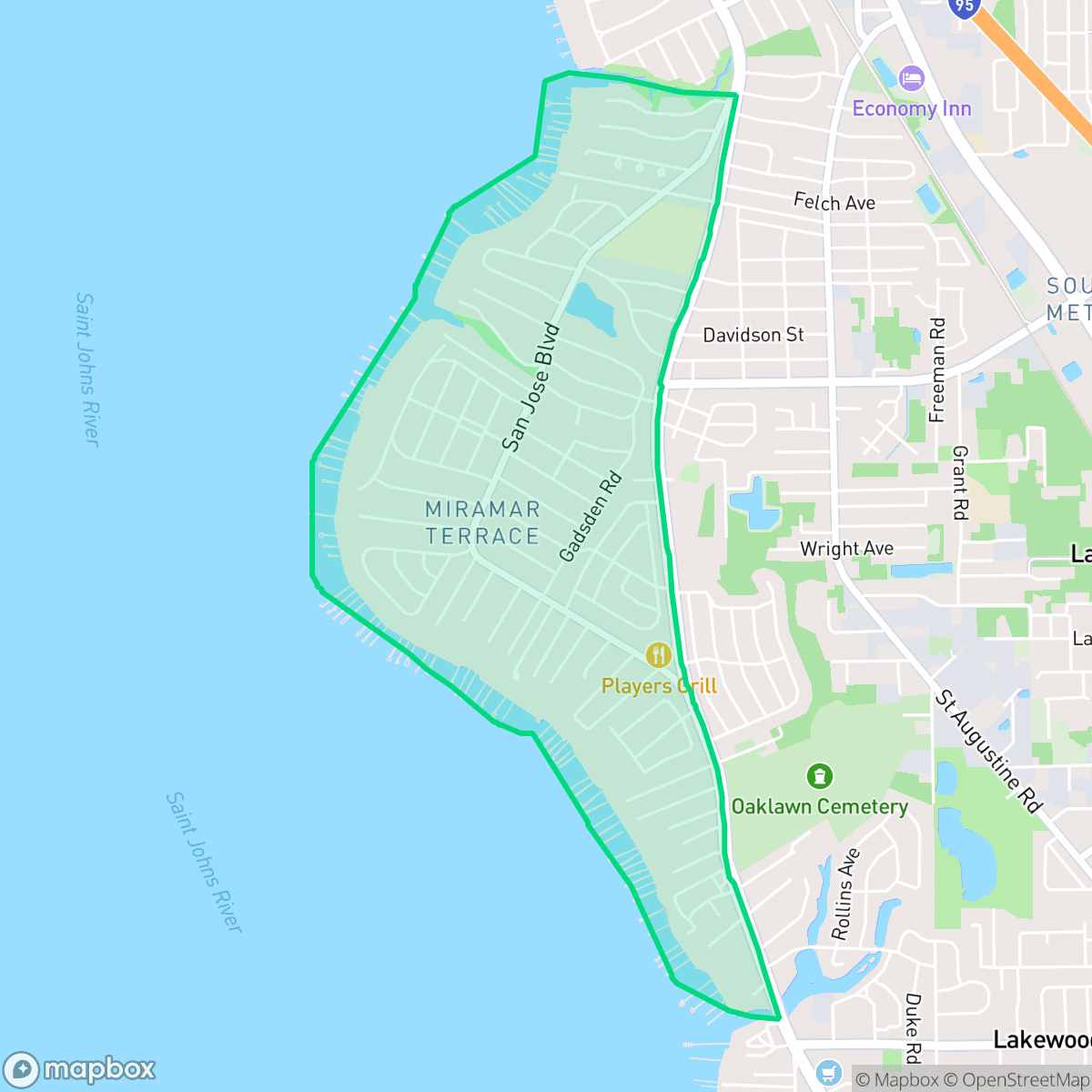 Map showing the location of Miramar, Jacksonville, FL