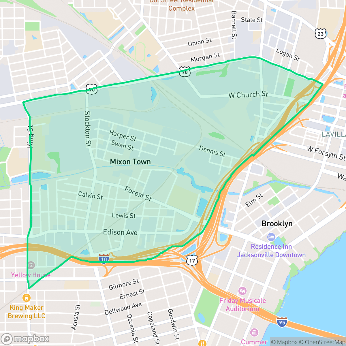 Map showing the location of Mixon Town, Jacksonville, FL